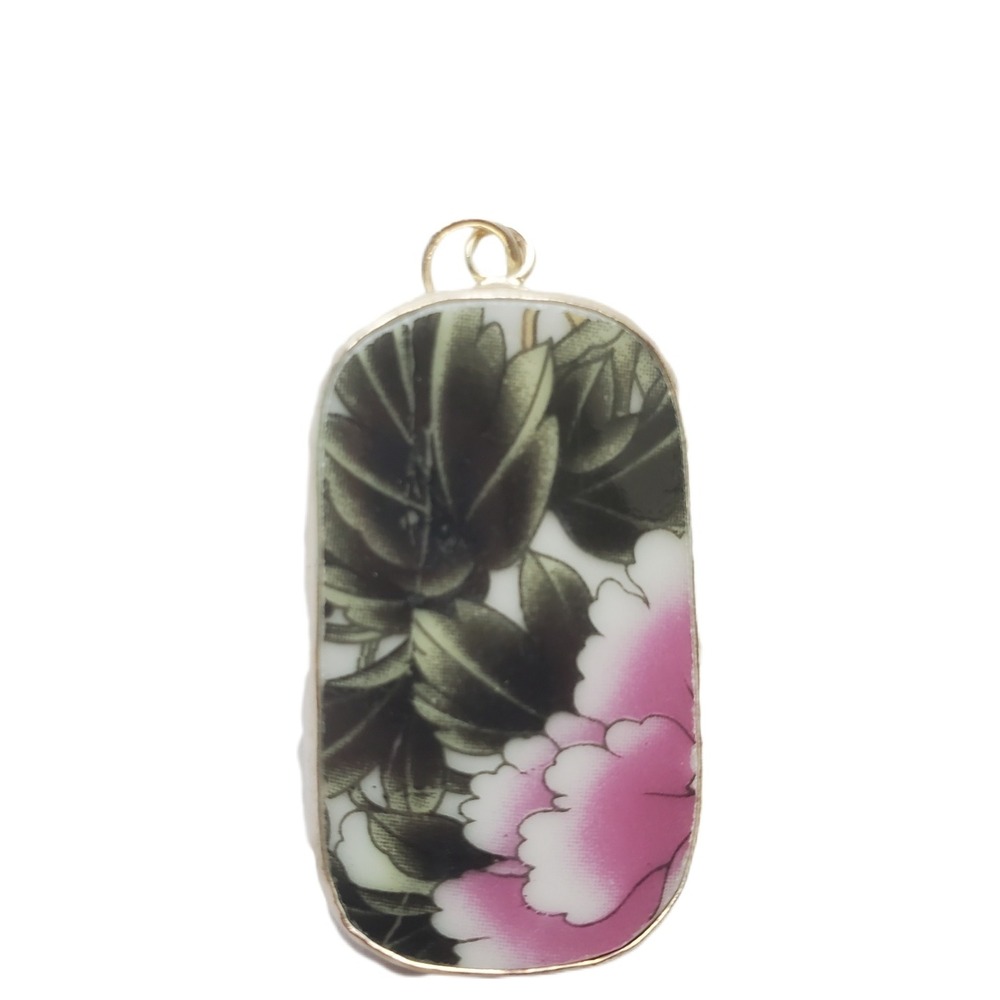 Broken China Pink Peony Floral Porcelain Pottery Shard Pendant DIY Jewelry Focal